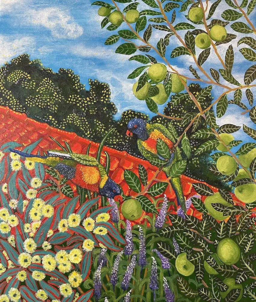 There is a thief at my window
Acrylic on canvas
70cm x 40cm
2024

'There is a thief at my window, out there, can't you see?
Brazenly stripping the bright green treasures straight off my tree!
Enveloped in colours so vibrant and bright, it's impossibl