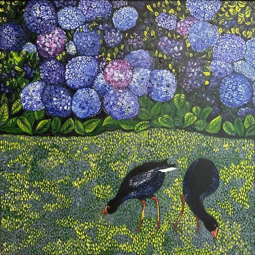The Hydrangeas and the Marsh Hen
Acrylic on canvas 40cm x 40cm 2024

'On a walk through the gardens, such friend I did meet. Well two to be precise, standing right there by my feet. 
There in the Hydrangeas, picking a feast just for two, was Mrs Mars