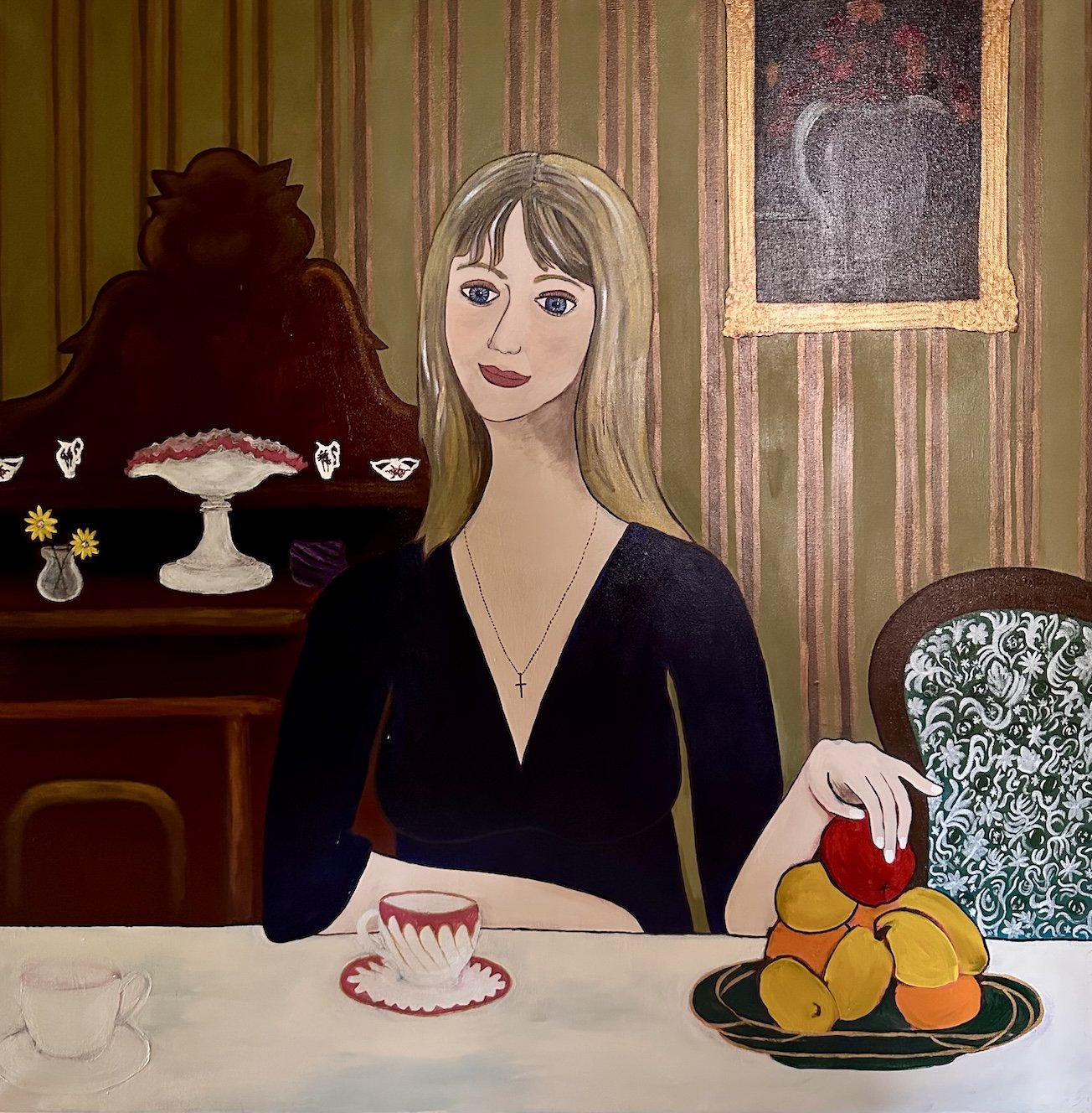 The artists sister, Philippa - Reaching for the apple.
Acrylic on canvas 
2014
100cm x 100cm