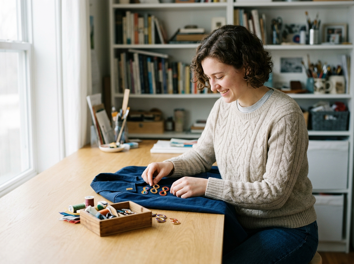 A woman smiling while sewing decorative buttons onto a navy blue fabric, sitting at a wooden table with sewing supplies in a cozy, well-lit room with bookshelves in the background.