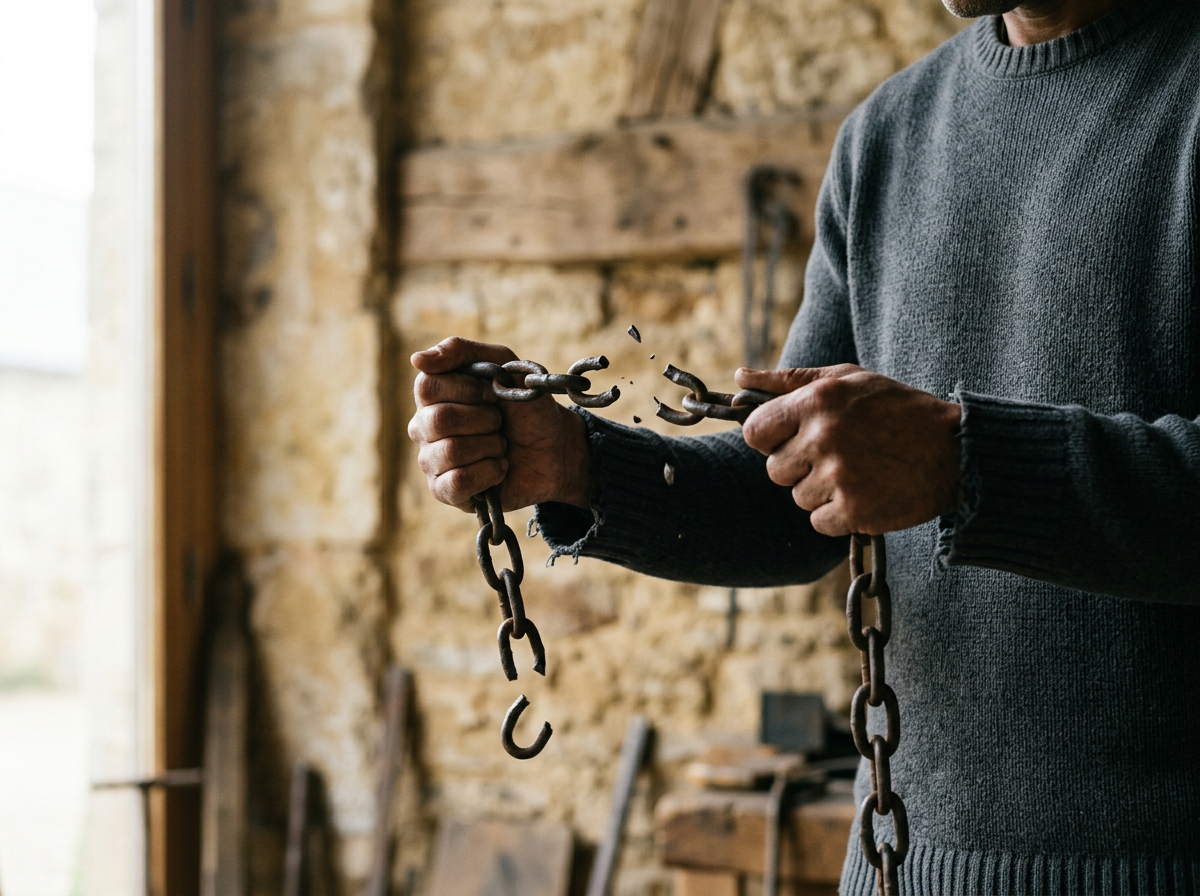 A person holding and breaking apart a rusty metal chain in a rustic workshop with stone walls.