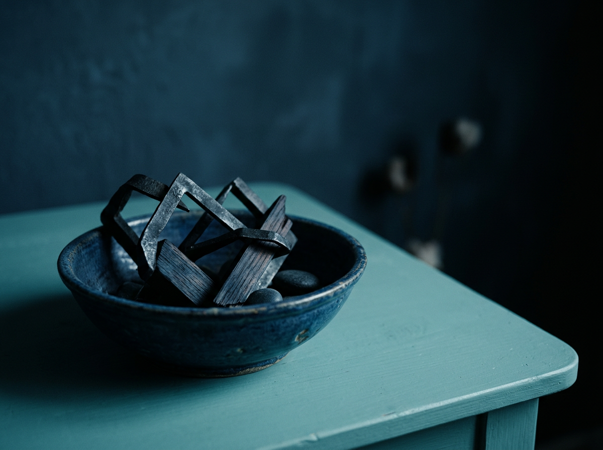 A blue ceramic bowl containing black stones and small wooden geometric sculptures, placed on a light-green wooden table against a dark background.