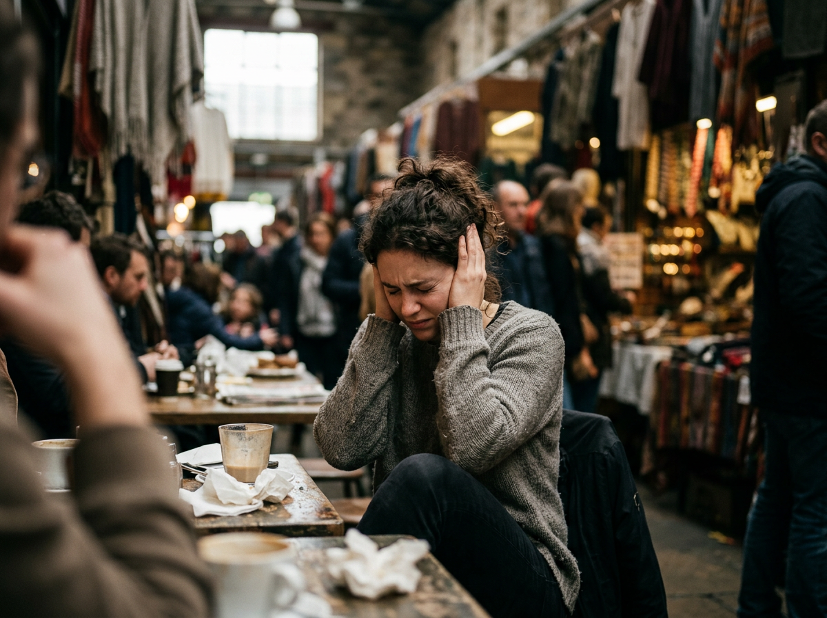 A woman sitting at a busy market stall, covering her ears with her hands and showing a distressed expression, surrounded by other shoppers and vendors.