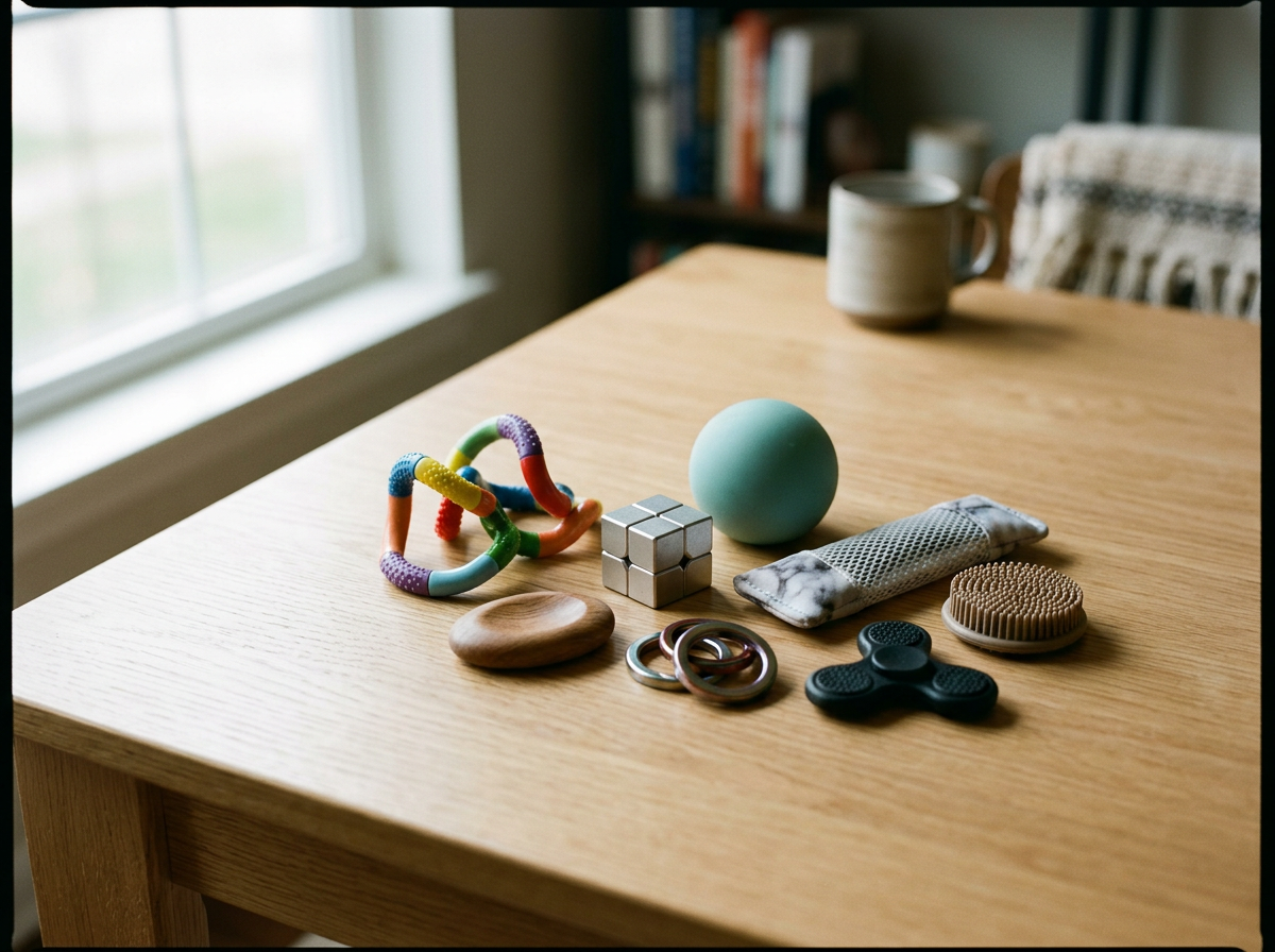 Assorted small objects on a wooden table, including a rainbow-colored twisted toy, a silver Rubik's cube, a teal rubber ball, a beige fabric item, a wooden oval, metal rings, a black fidget spinner, a round textured pad, and a light-colored mug.