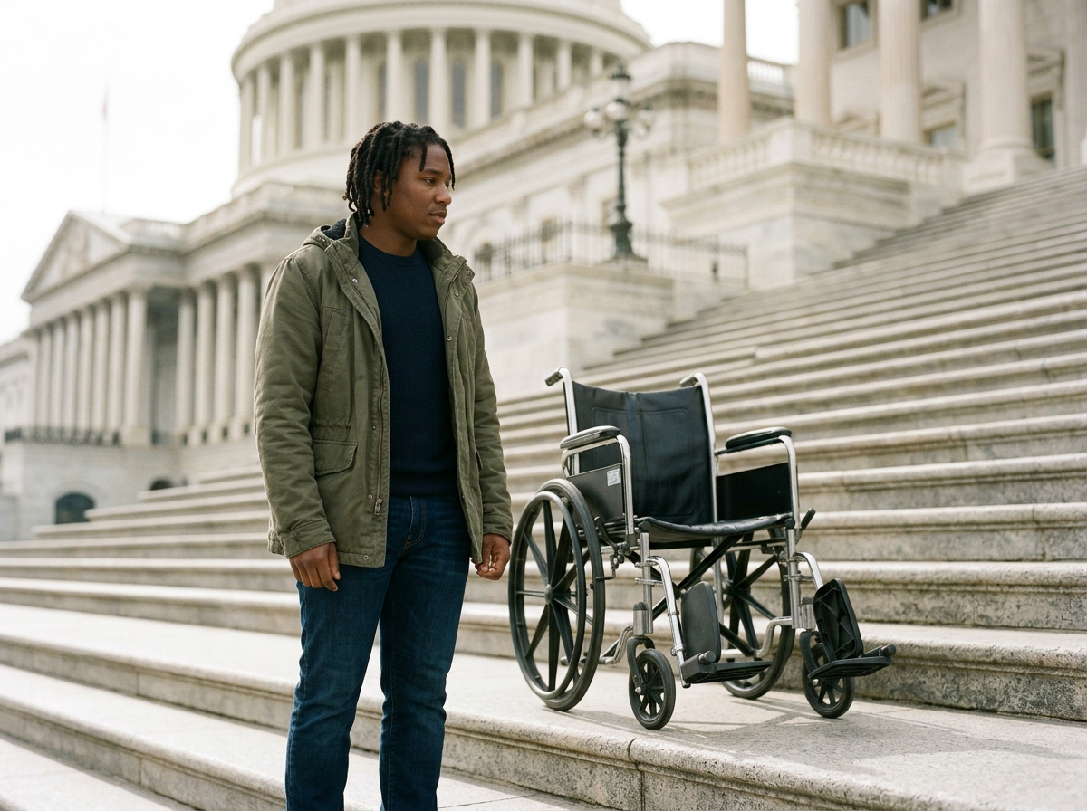 A young man standing beside a wheelchair on the steps outside a government building, possibly the U.S. Capitol, during daytime.