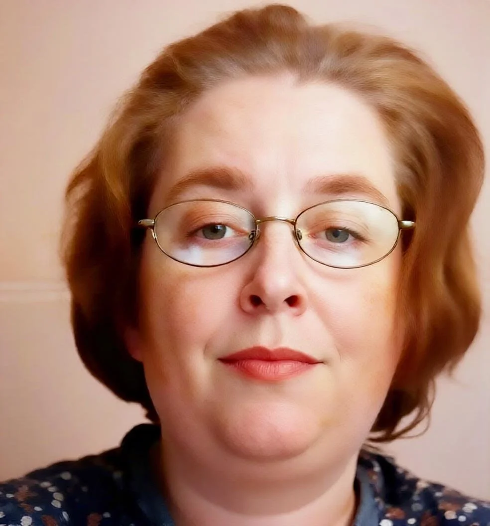 A woman with red hair and glasses looking at the camera with a slight smile.