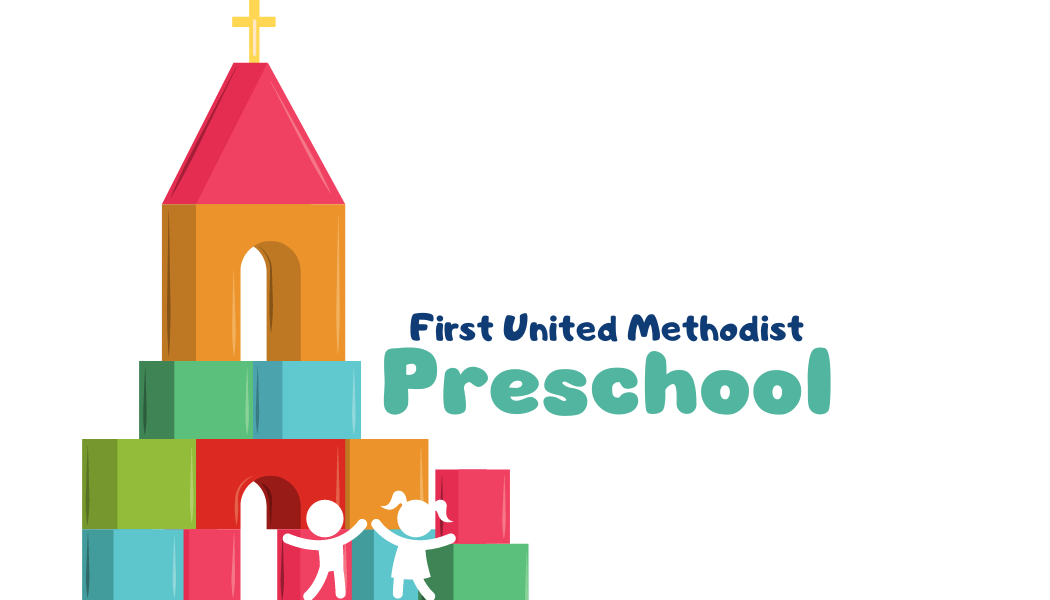 Colorful building blocks forming a church with a cross on top, and two children holding hands in front, with text that reads First United Methodist Preschool.