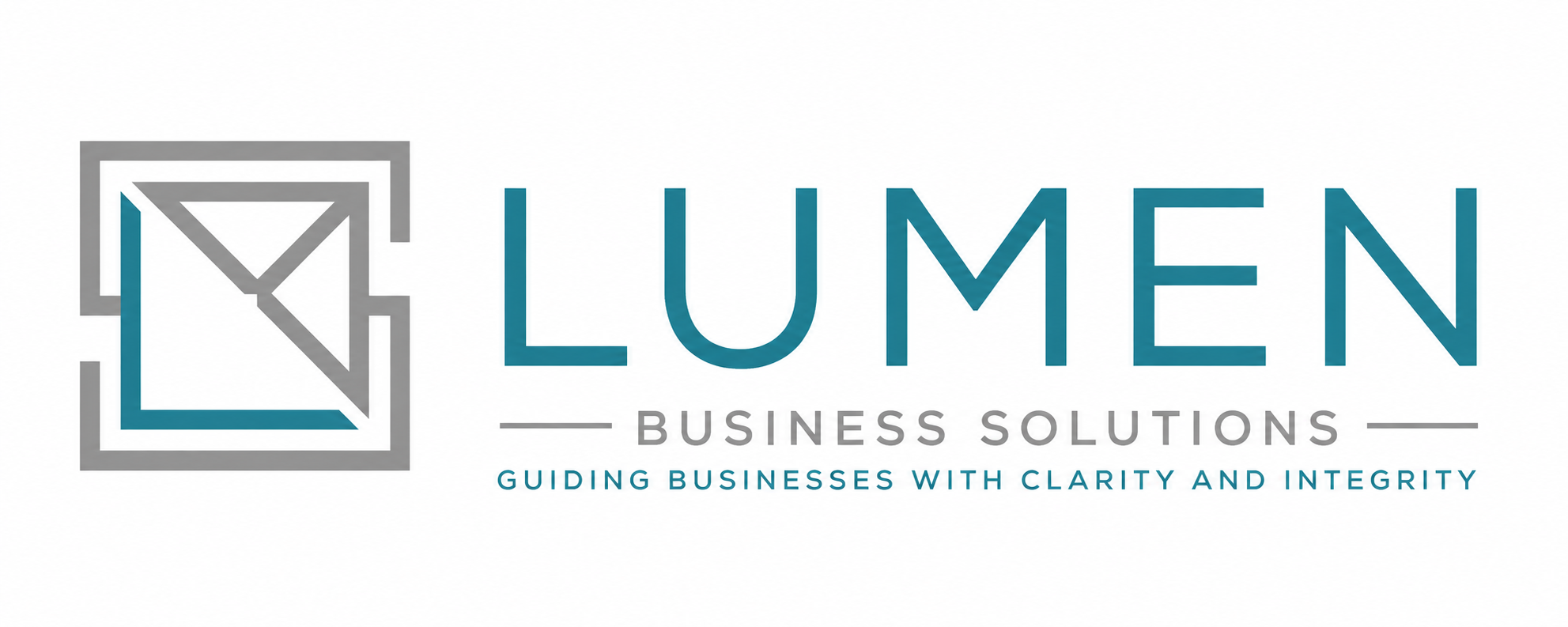 Logo for Lumen Business Solutions with a geometric icon and the tagline "Guiding businesses with clarity and integrity"