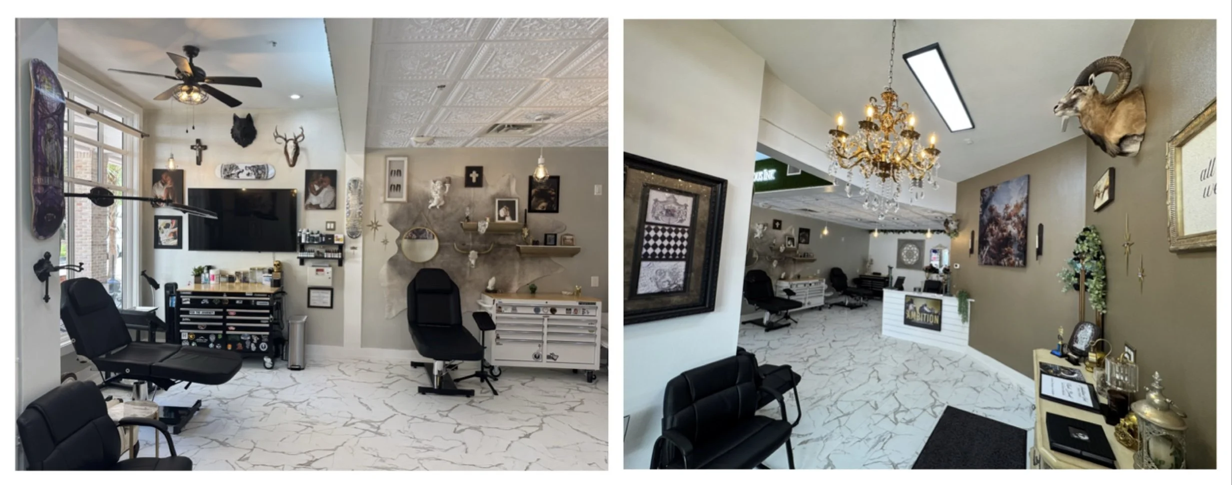 Comparison of two interior views of a tattoo shop, showing chairs, tattoo equipment, wall decorations, and lighting fixtures.