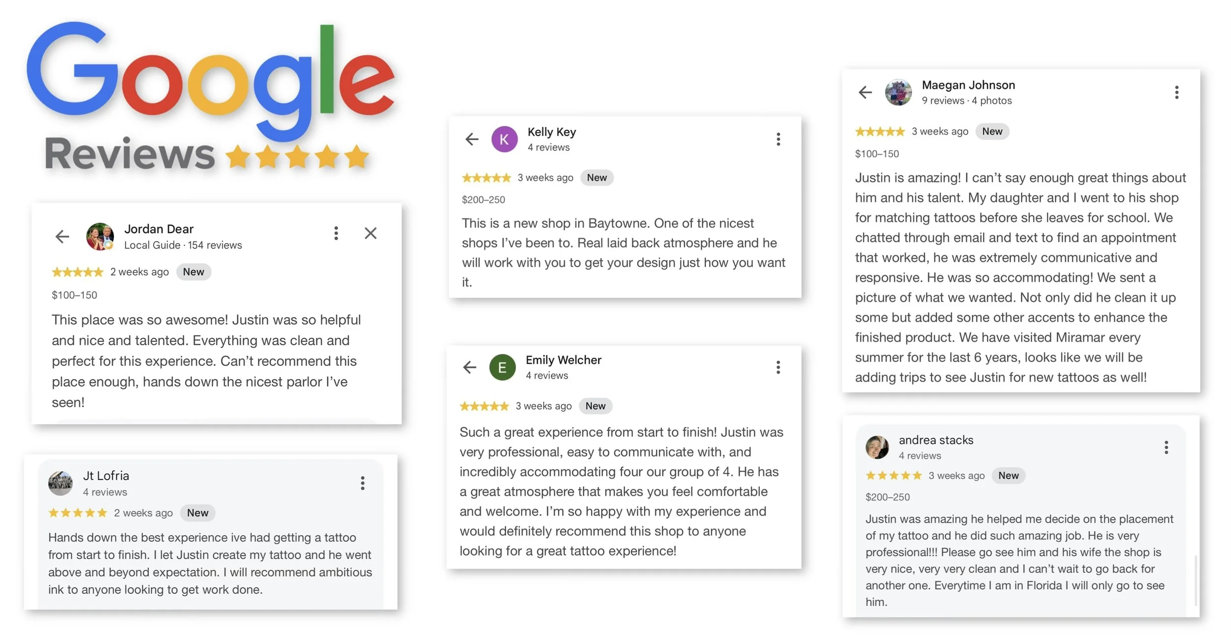 Collection of Google reviews from multiple customers about a tattoo shop, featuring star ratings, reviews about quality, customer service, and experiences.