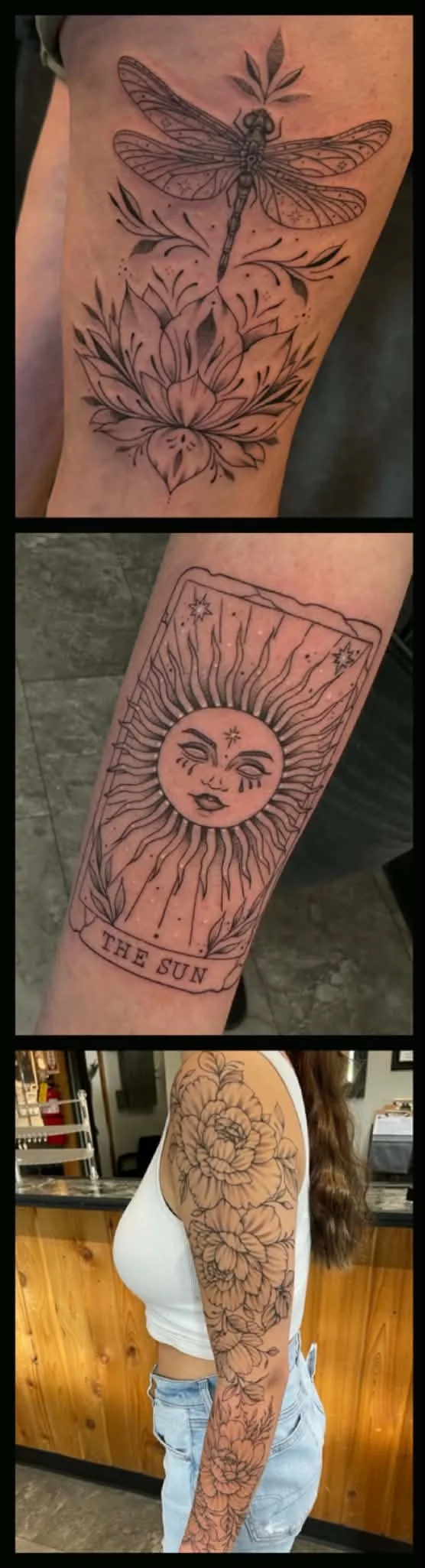 Three tattoos: The first is a line drawing of a dragonfly hovering over a flower with leaves; the second is a line drawing of a sun with a face, surrounded by stars and rays, labeled 'The Sun'; the third is a detailed floral sleeve tattoo on a woman's arm featuring large blooming flowers and leaves.
