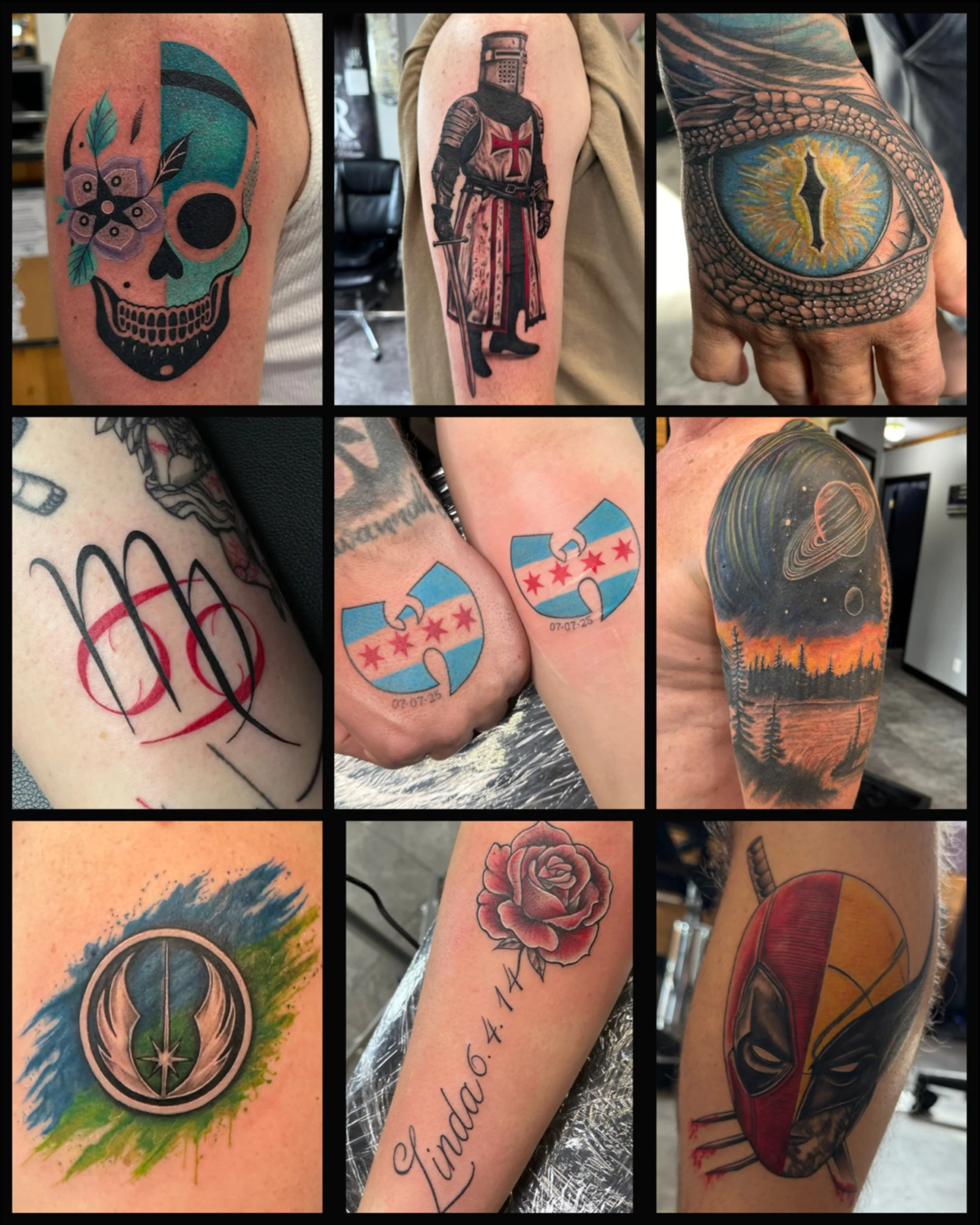 Collage of various colorful tattoos on people's arms, including a skull with flowers, a medieval knight, an eye within a textured frame, a peace symbol with blue sky and sunset, a rose, and a superhero emblem.