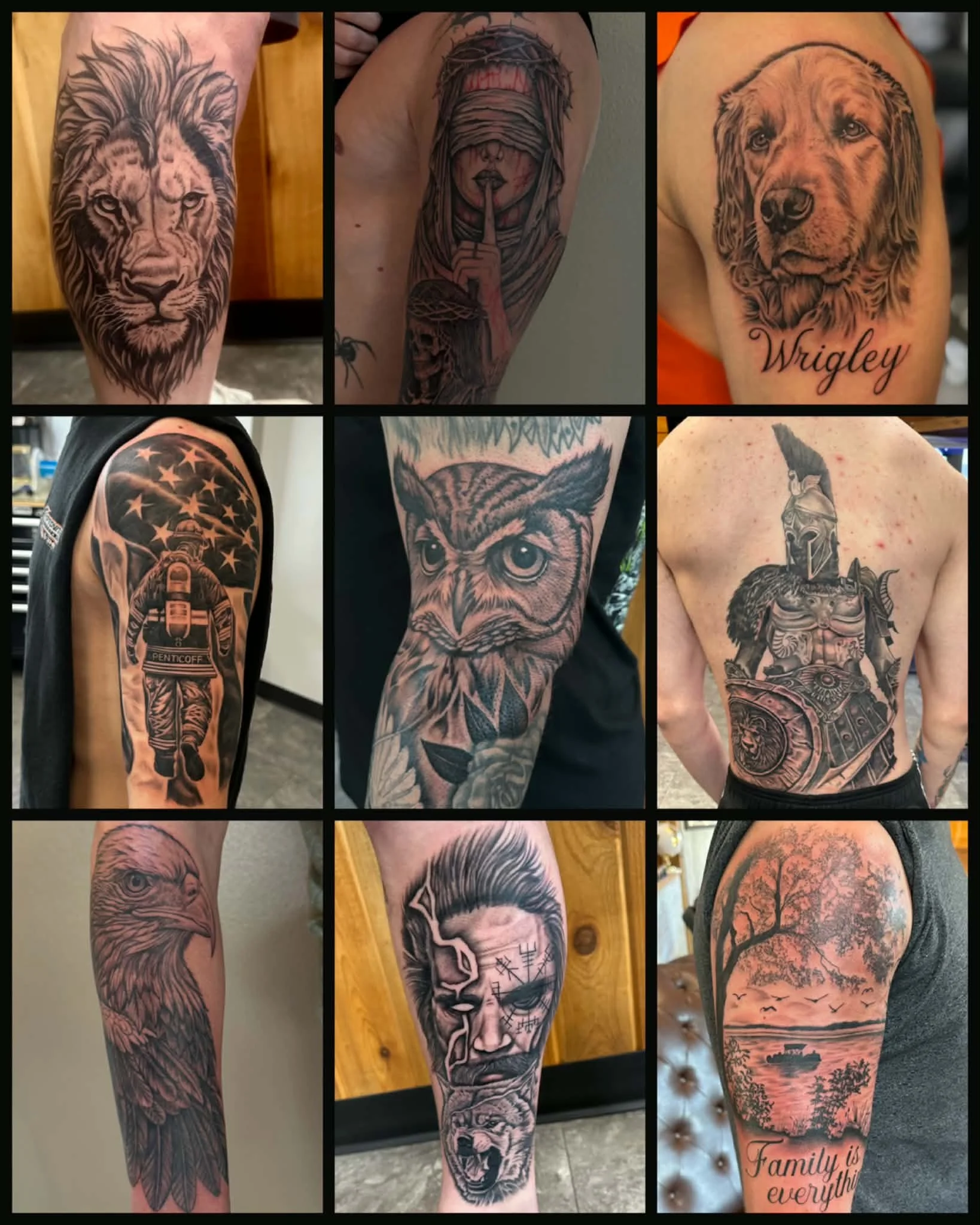 Collage of six tattoos on different people's arms and legs, featuring animals, portraits, and landscapes in black and gray ink.