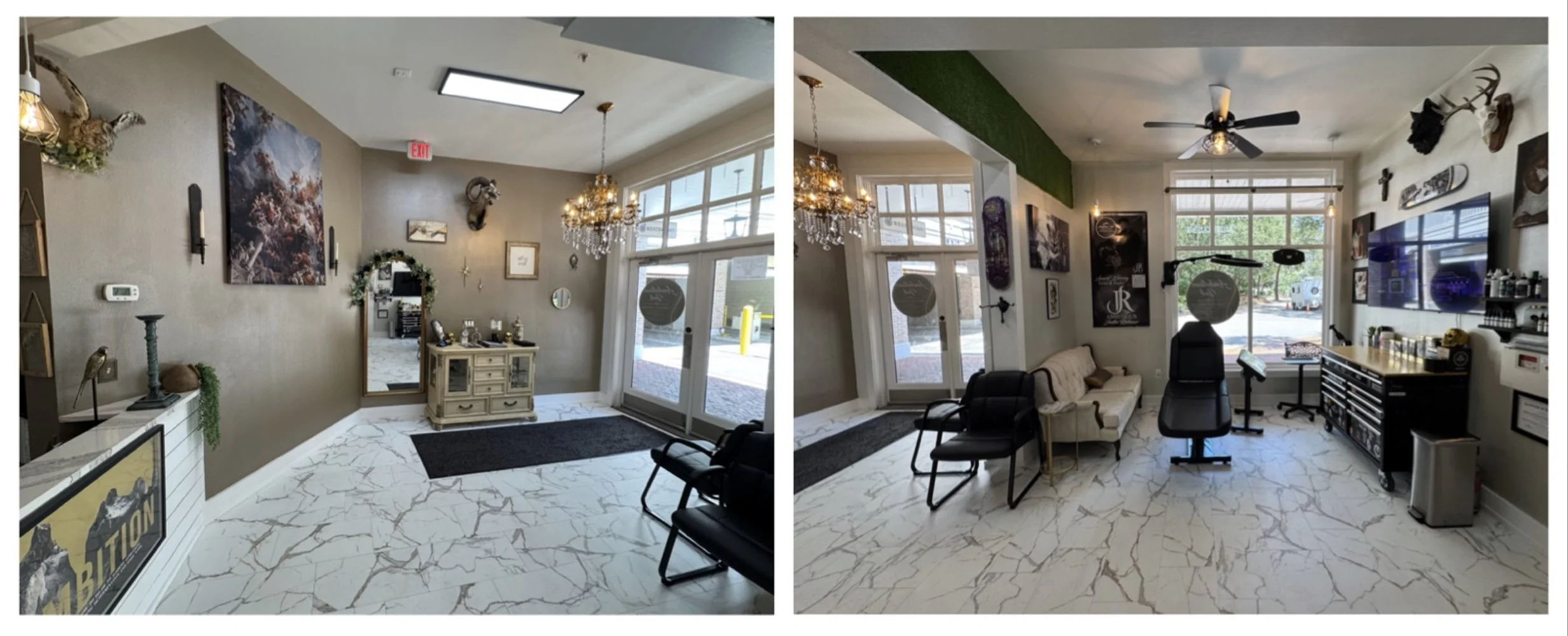 Comparison of two interior views of a tattoo studio with white marble floors, decorated with wall art, chandeliers, and various furniture, including chairs, a couch, and tattoo equipment.
