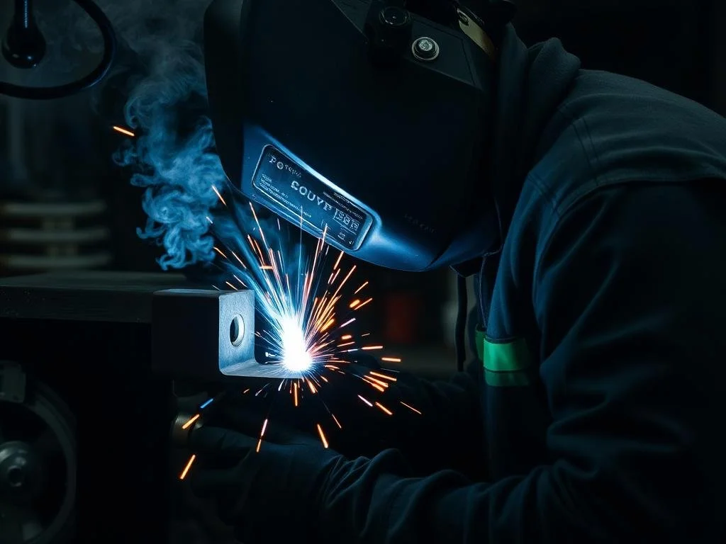 A person welding metal with sparks flying and smoke in a dark workshop.