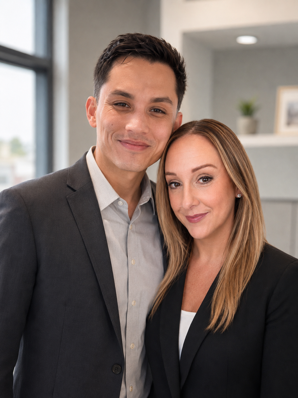 A man and woman in professional attire smiling and standing close together indoors.
