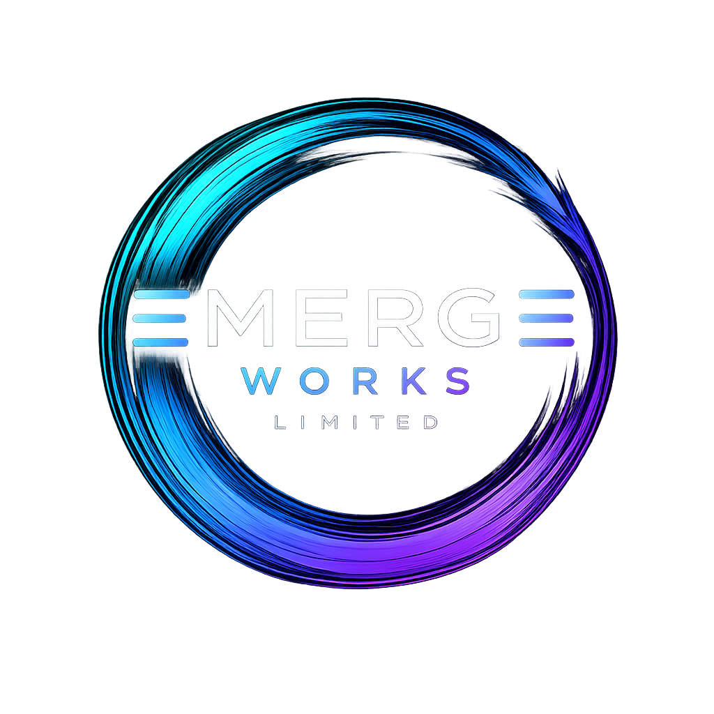 Neon logo with the text EMERGE WORKS LIMITED inside a circular, glowing, multicolored ring.