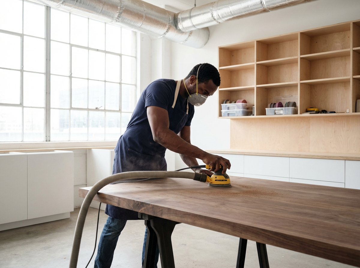 Woodworker sanding a custom wood component in a woodworking shop.