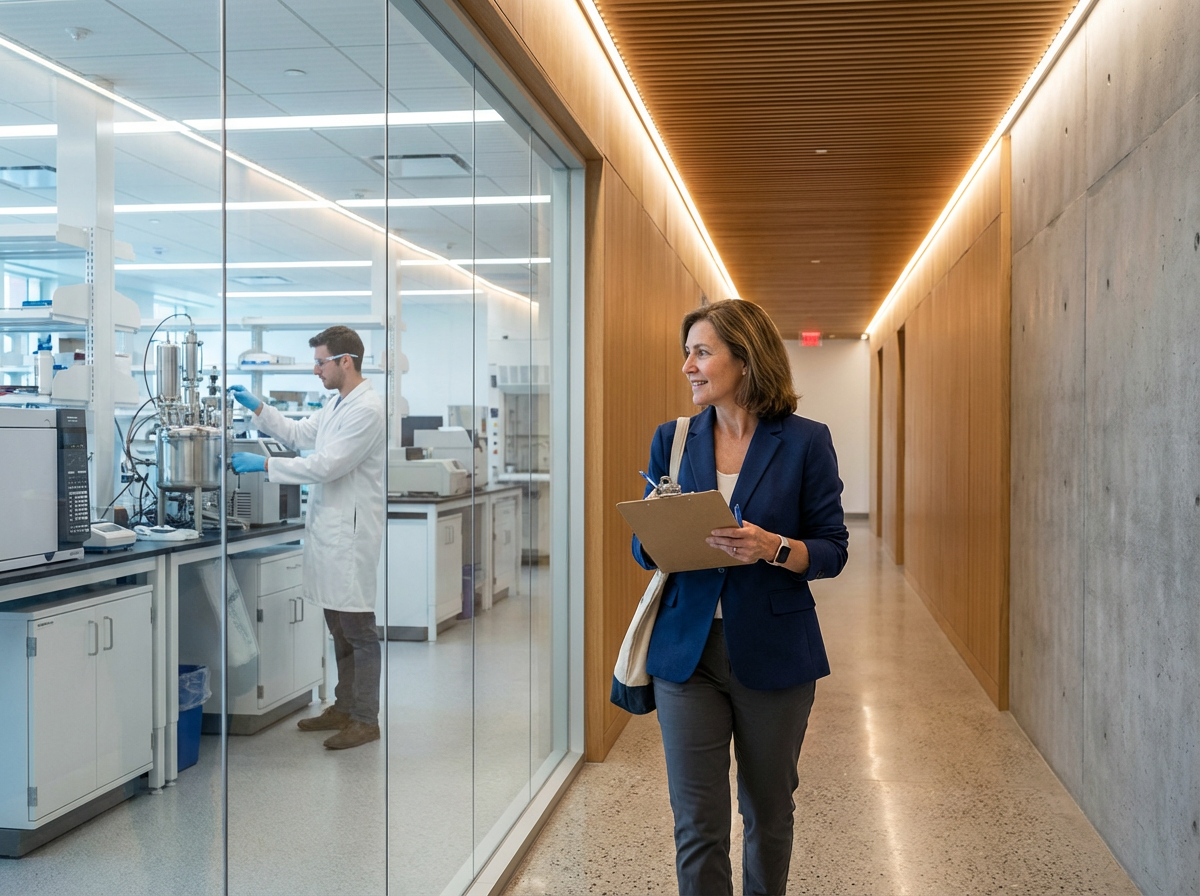 A woman in business attire walking in a hallway with wooden paneling, holding a clipboard, while looking into a laboratory through a glass window at a scientist working with laboratory equipment.