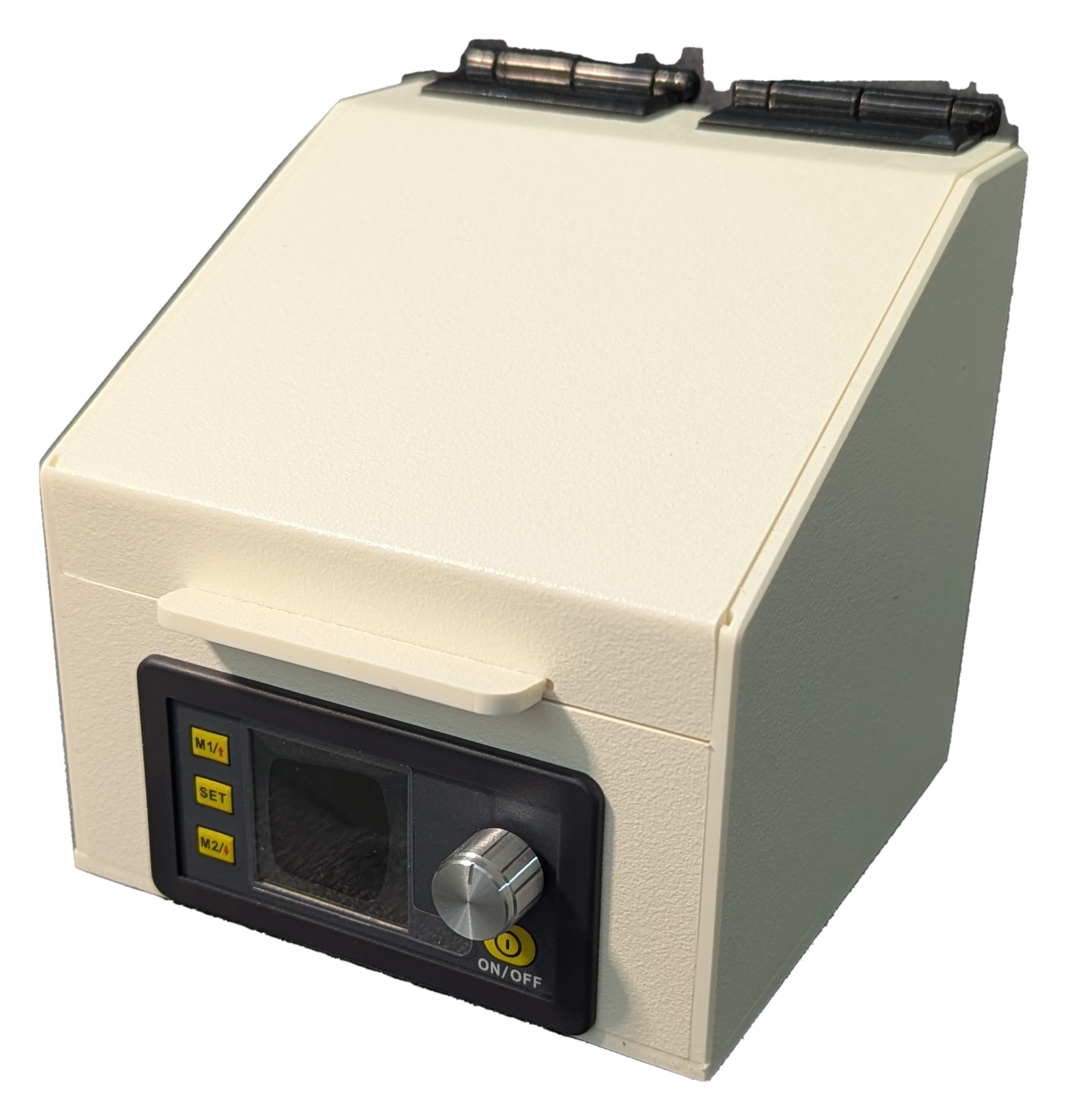 A white plastic case with a grey control panel, also known as a ZEG