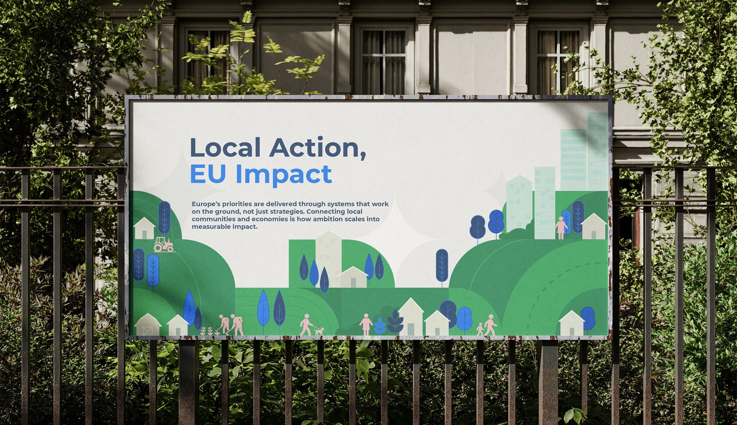 A sign titled 'Local Action, EU Impact' displayed outdoors with illustrations of houses, trees, people, and a tractor in a green landscape, emphasizing community and environmental themes.
