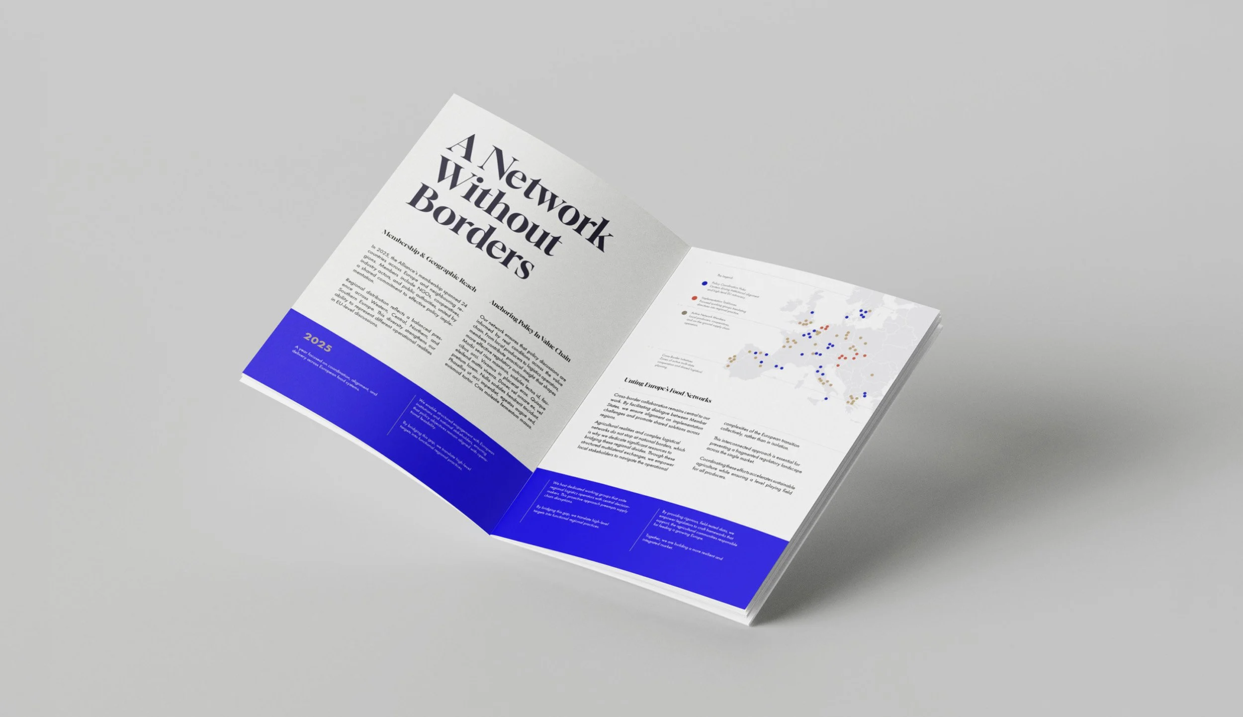 Open magazine or report with the title 'A Network Without Borders' on a light gray background. The left page features a blue section with the year 2025 and text, while the right page displays a world map with various colored dots and text.