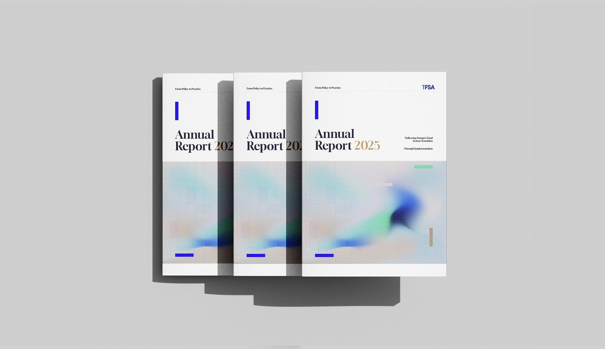 Three copies of a digital annual report magazine with a modern abstract cover design, partially overlapping, placed on a light gray background.