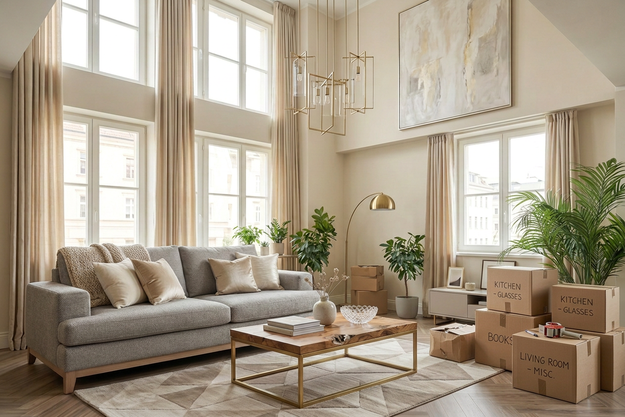 Upscale living room with labeled moving boxes during a home transition