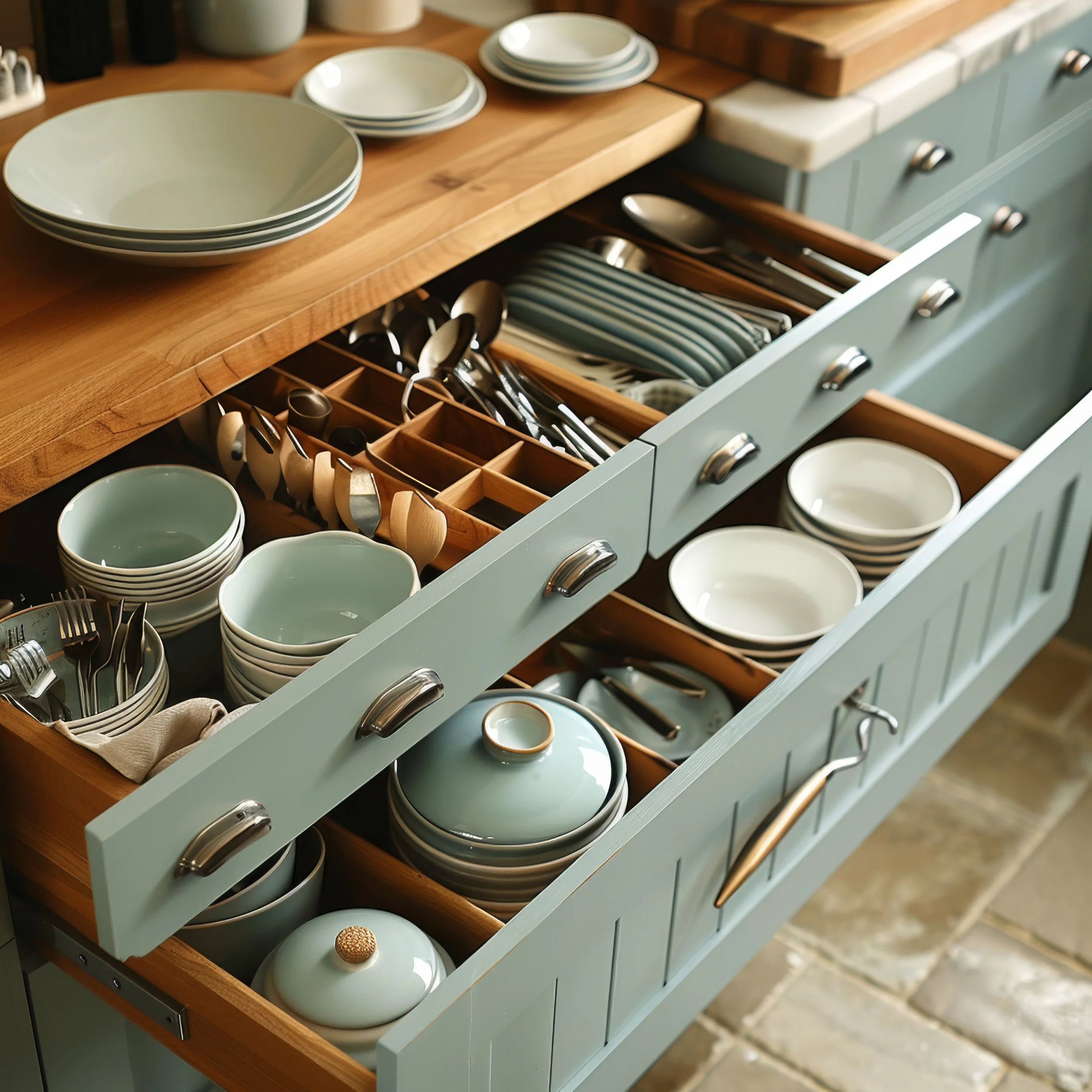 Organized kitchen drawers with dishware and custom utensil dividers