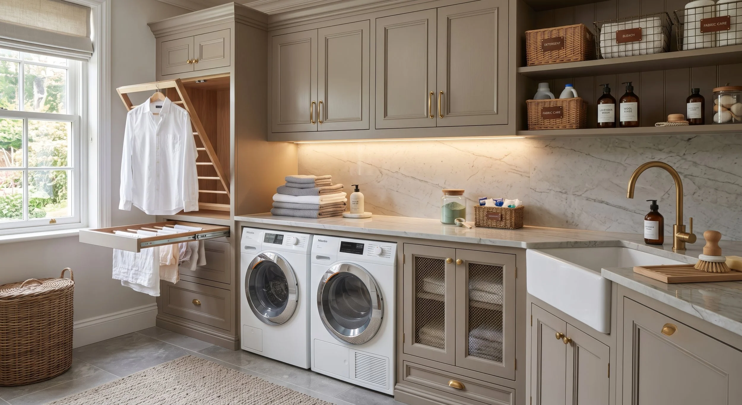 Organized luxury laundry room with custom cabinetry, folded linens, baskets, and built-in drying storage