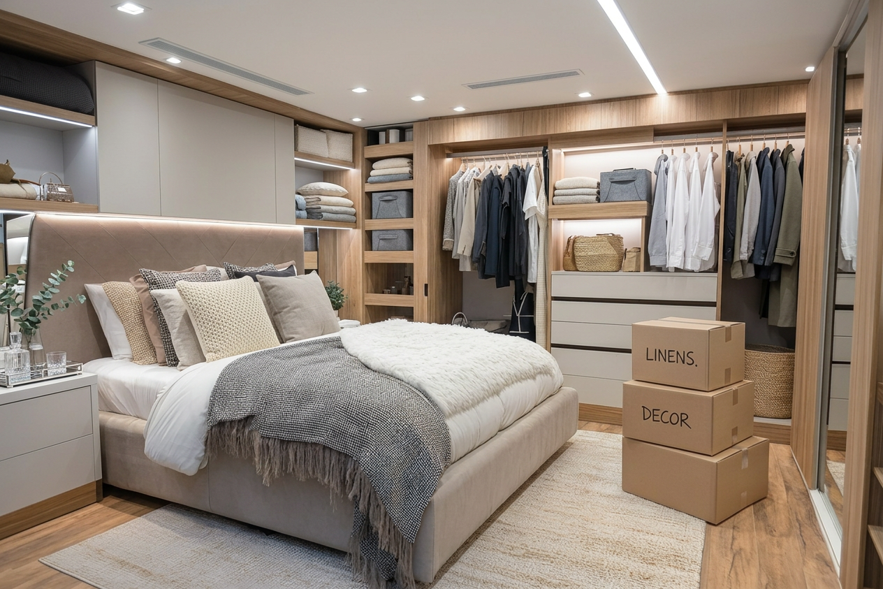 Organized bedroom and closet with labeled boxes during home setup
