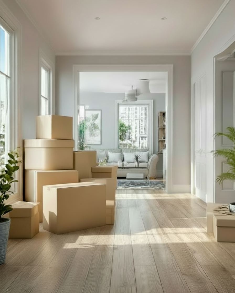 Bright furnished living room with moving boxes during a managed home