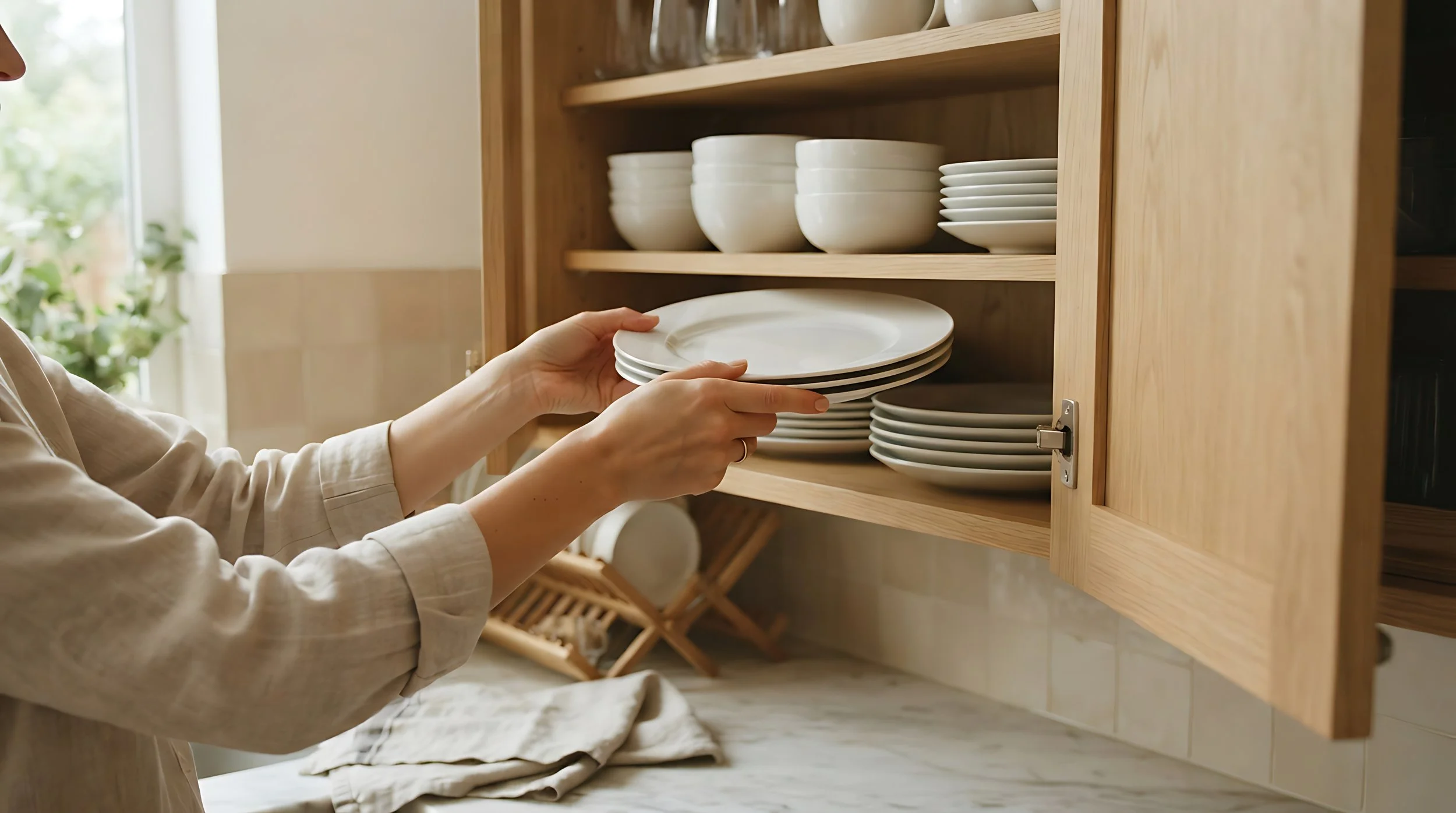 Hands organizing dishes on warm wood shelving in a neutral home