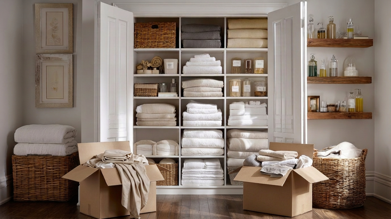Organized linen closet with open boxes during unpacking and home setup