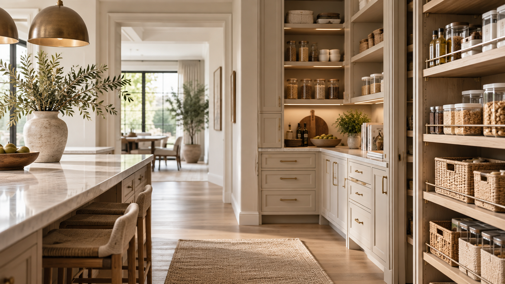 Luxury organized pantry with baskets, jars, and custom storage