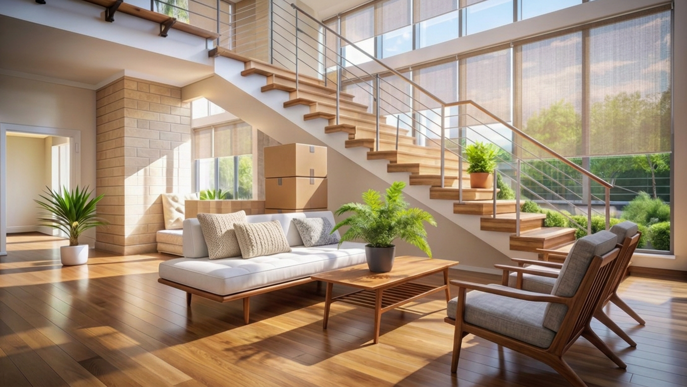 Furnished living room with moving boxes during a managed home move