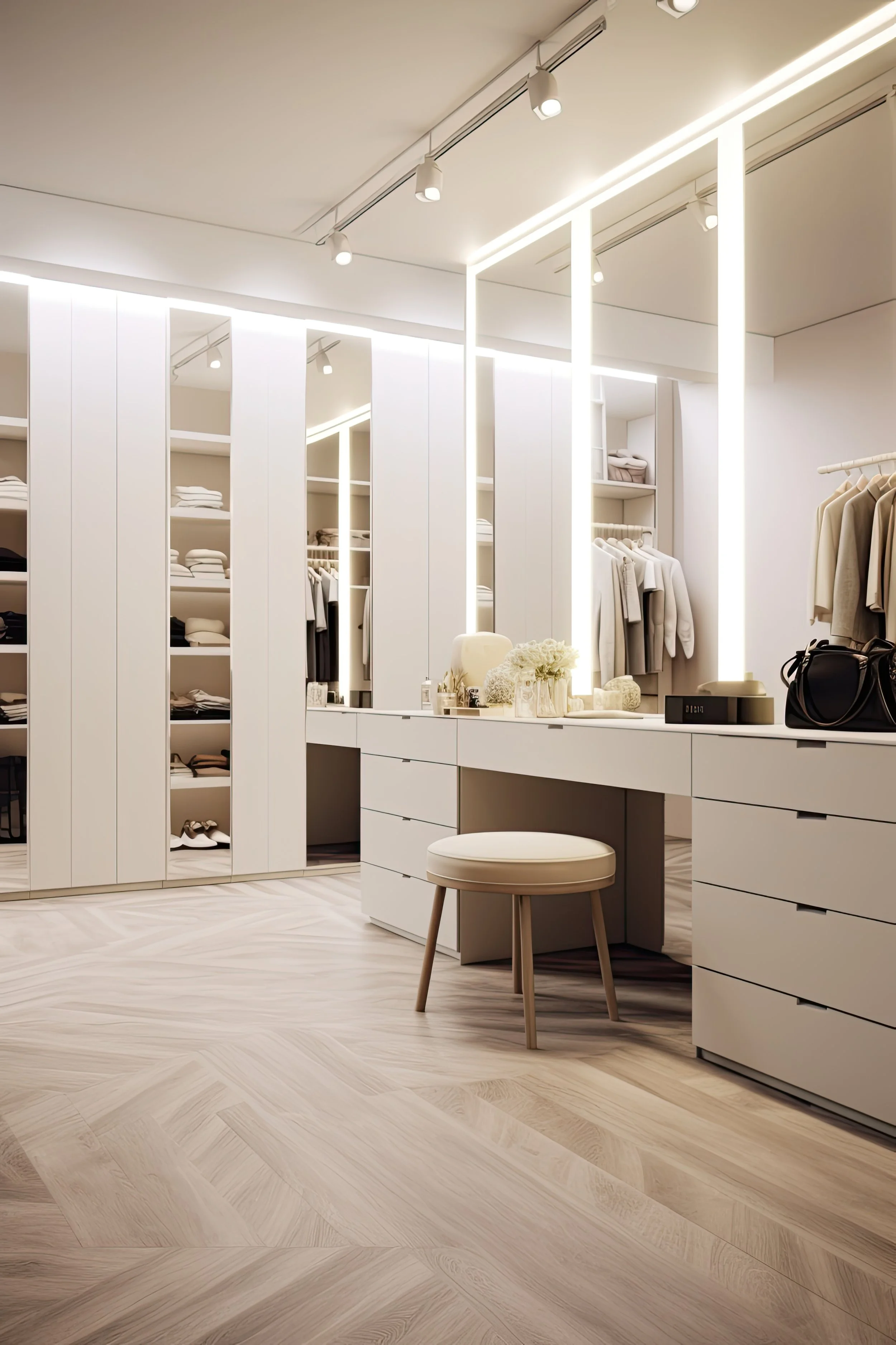 Luxury organized dressing room with illuminated mirrors, built-in shelving, and neutral cabinetry