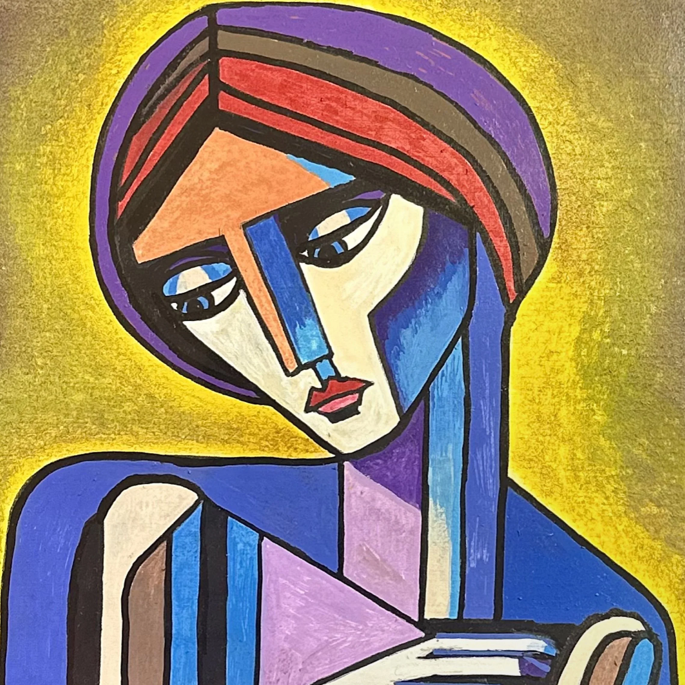 The Price of Fame, a colourful Modern Cubist portrait by Alberta artist Mark Bevan. The portrait depicts a woman with a stylized face using shades of purple, red, blue, brown, and pink, in front of a yellow background.