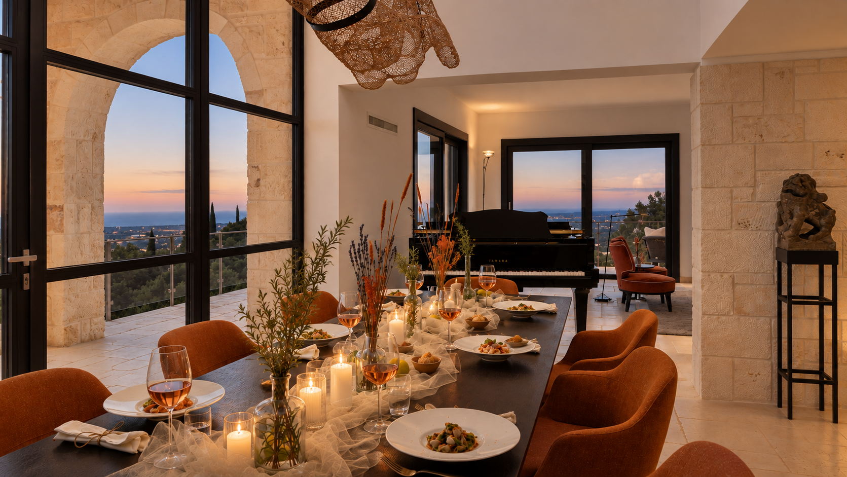 A dining room with a long table set for a meal, featuring candles and flower arrangements. Large windows showcase a sunset view of the landscape; in the background, a black grand piano and a sitting area with chairs.