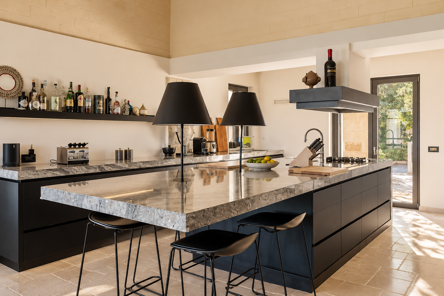 Modern kitchen with granite island, black cabinets, and open shelving with bottles and decor. Two black table lamps on island, knife block, bowl of lemons, and sliding glass door view outside.