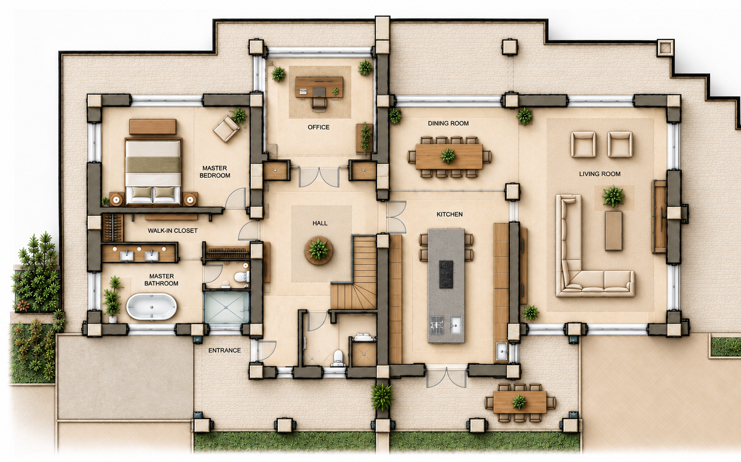 Floor plan of a house with a master bedroom, walk-in closet, master bathroom, entrance, office, hall, kitchen, dining room, and living room.