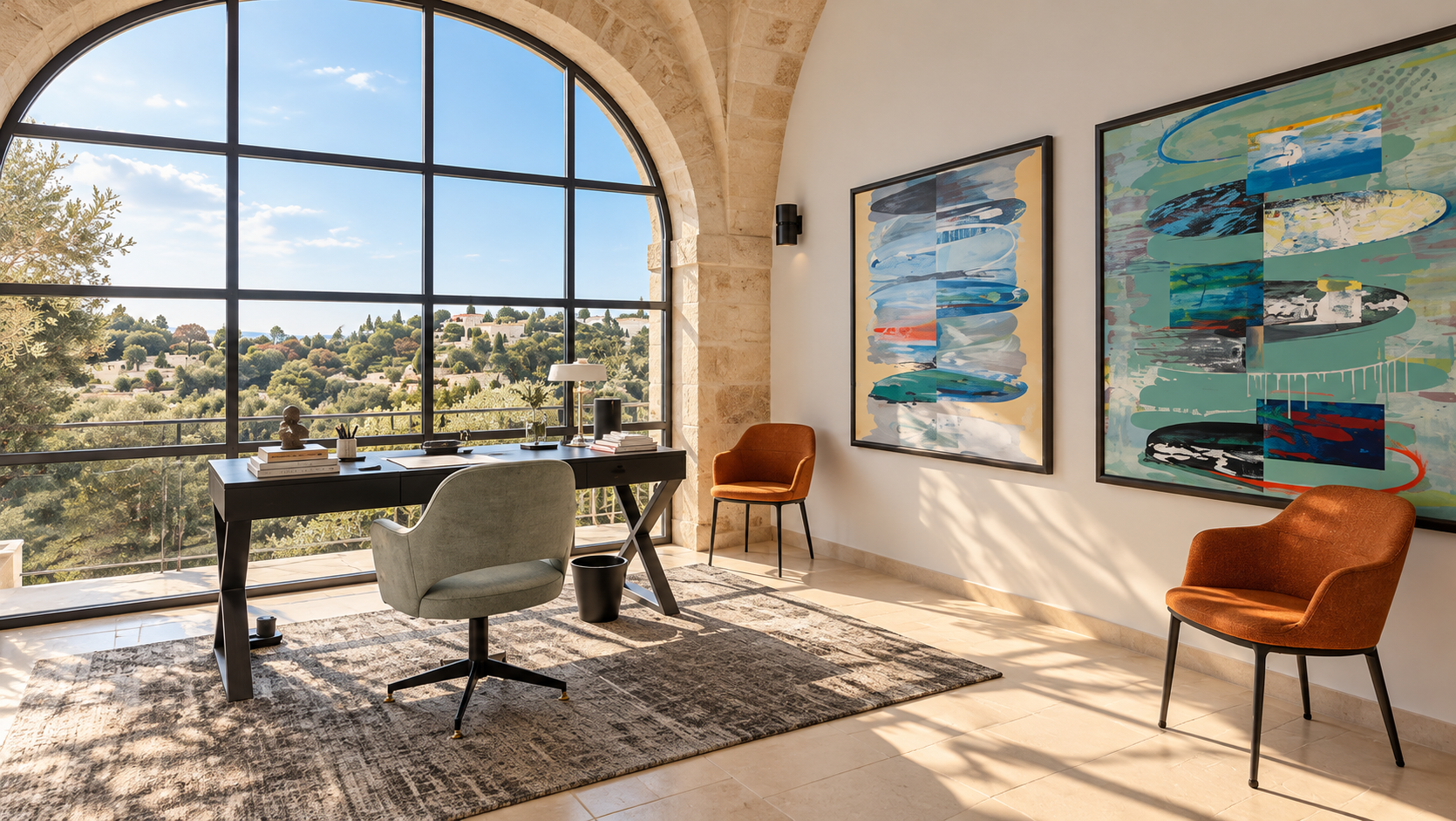 Modern office with large arched window overlooking a green hillside, a black desk with books and decor, a gray office chair, two orange armchairs, abstract artwork on white walls, and sunlight casting shadows.