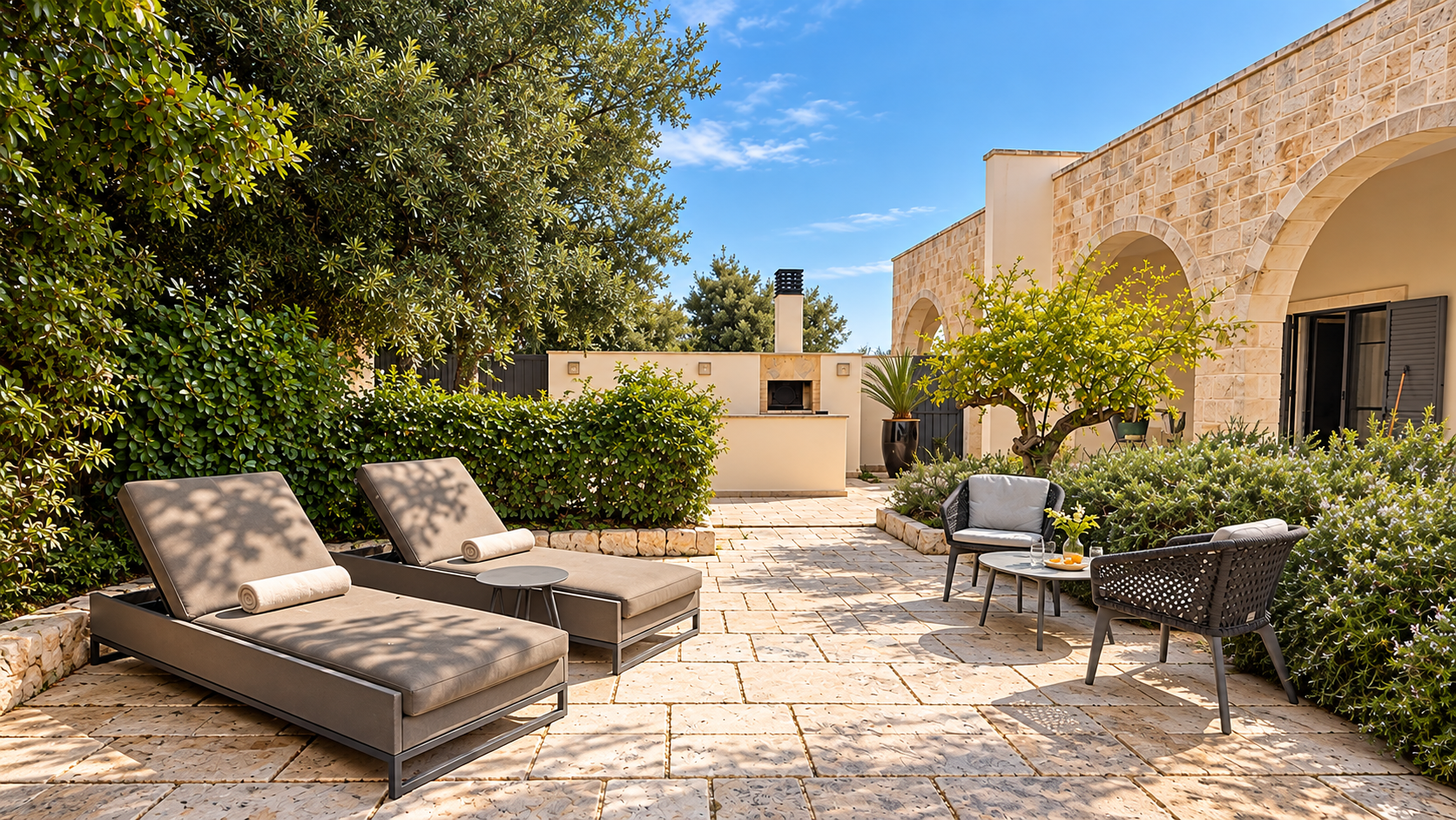 An outdoor patio area with two cushioned lounge chairs, a small side table, a round coffee table with a drink and a flower pot, surrounded by lush greenery, with a stone house, potted plants, and a built-in fireplace in the background.