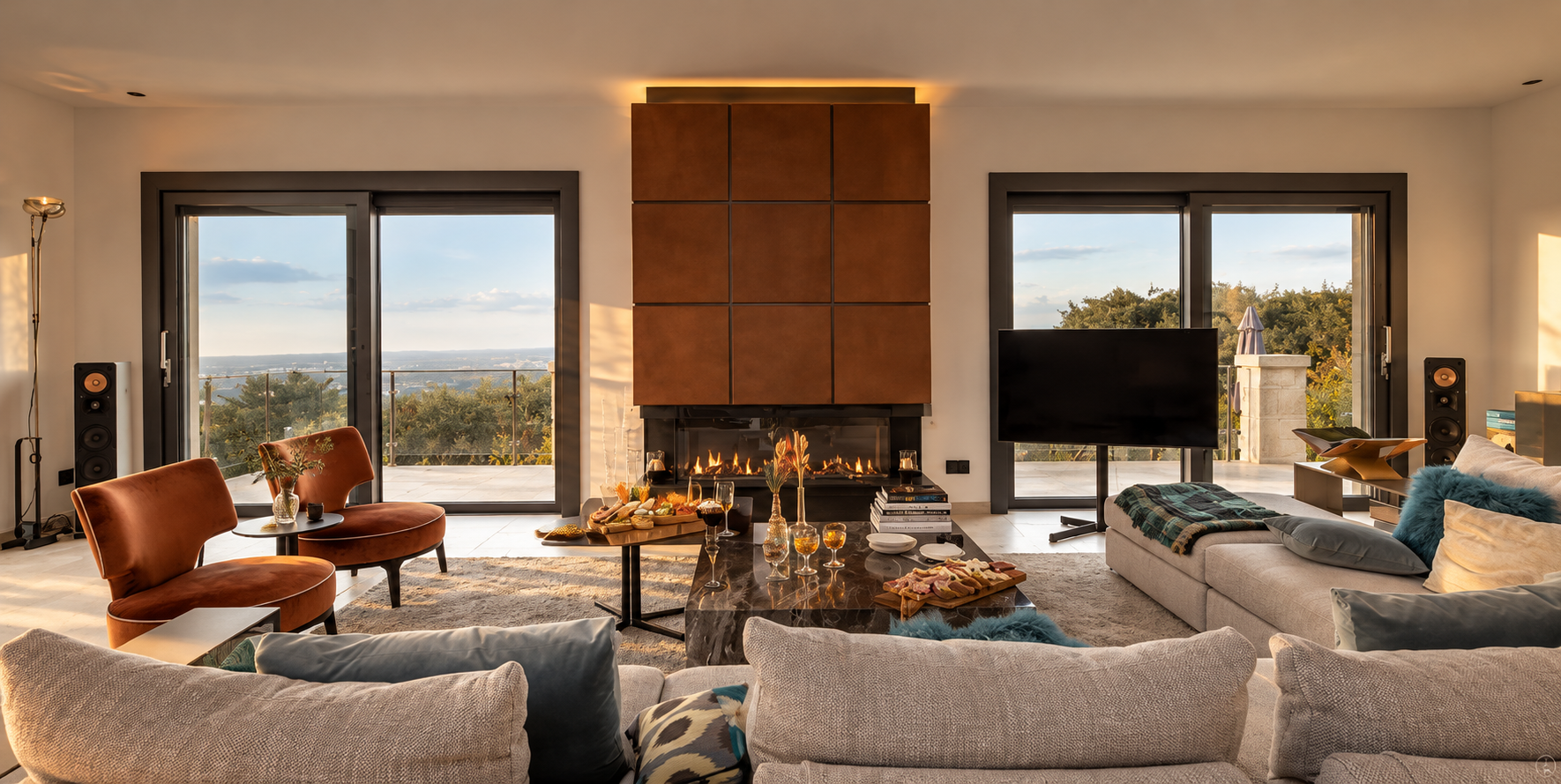 A modern living room with a fireplace, two armchairs, a sectional sofa, a flat-screen TV, and a balcony view of trees and sky.