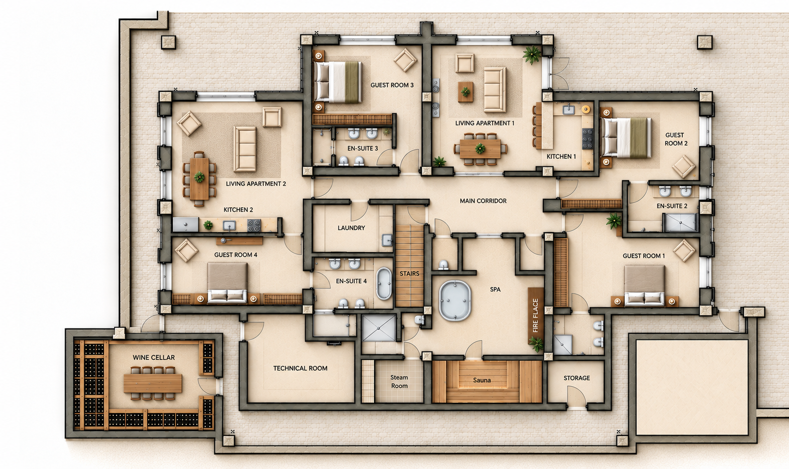 Floor plan of a large house with multiple guest rooms, living areas, and amenities including a wine cellar, spa, sauna, and technical room.