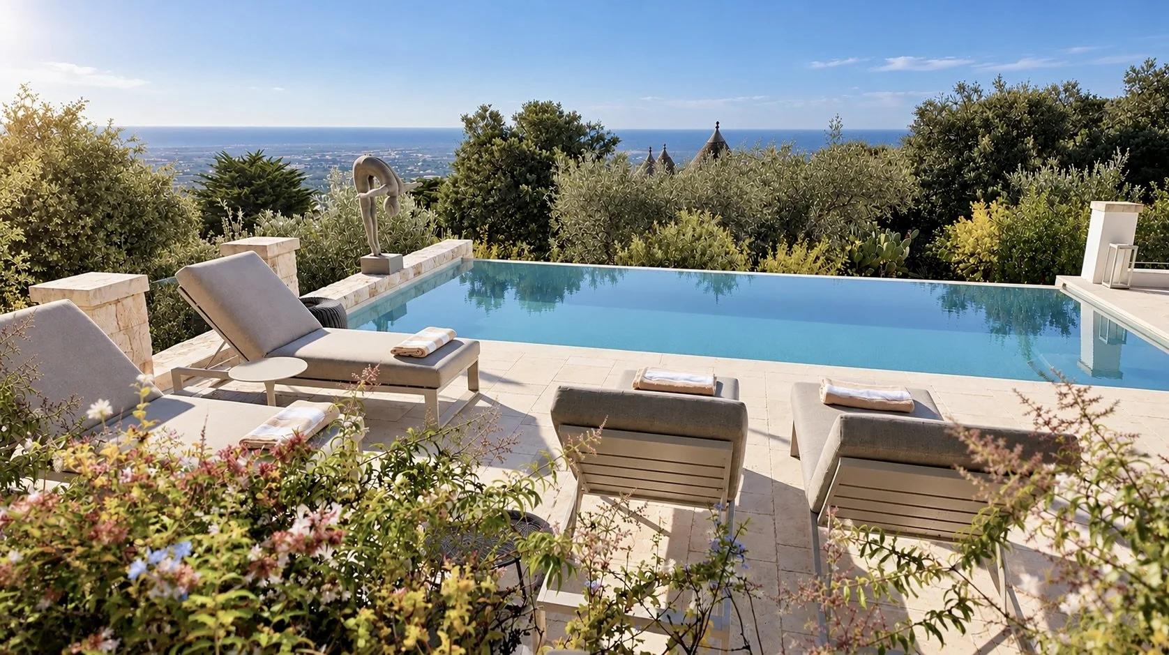 Luxury outdoor swimming pool with lounge chairs, towels, and greenery, overlooking a distant cityscape and ocean under a blue sky.