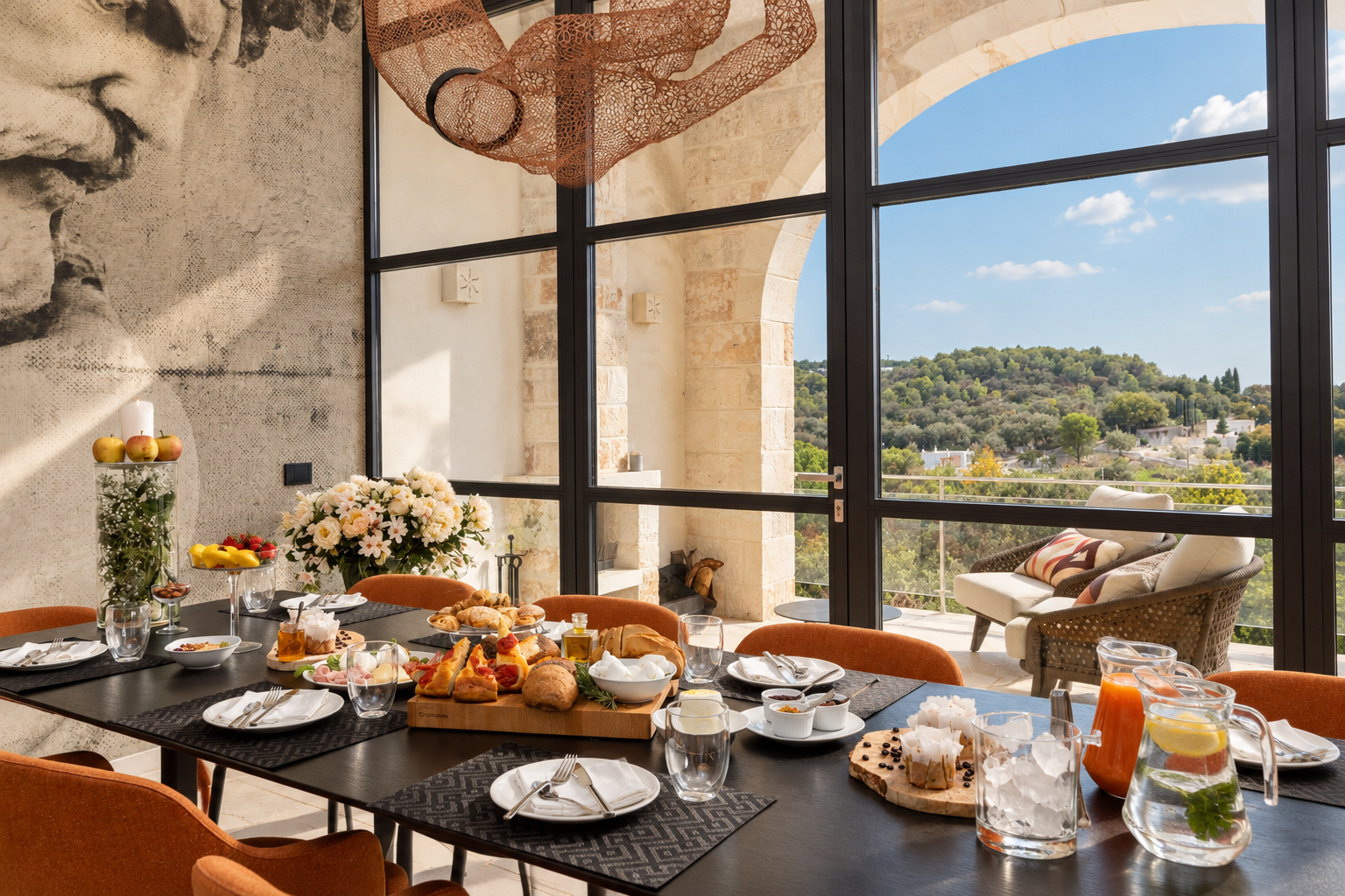 A dining room set for breakfast, with a black table, orange chairs, and a view of a balcony with outdoor seating overlooking a green hillside on a sunny day. The table has pastries, fruit, flowers, and drinks.