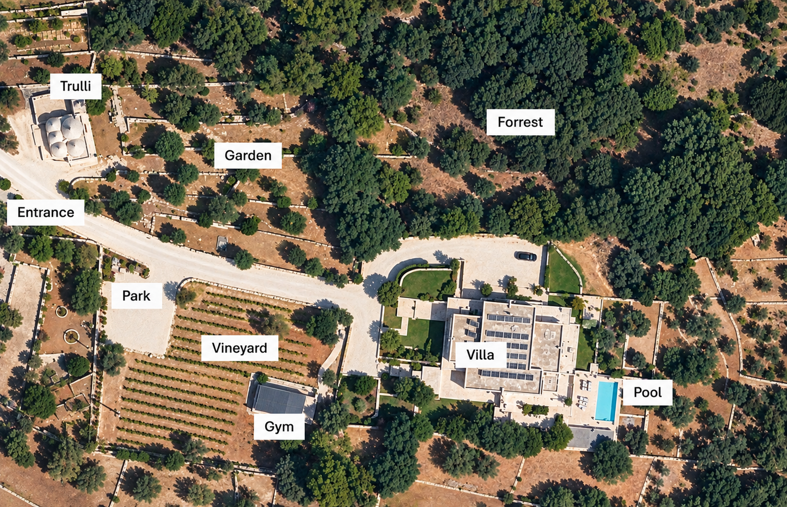 Aerial view of a property with labeled areas including an entrance, park, vineyard, gym, villa, pool, garden, Trulli, and forest, with dense trees and pathways around the structures.