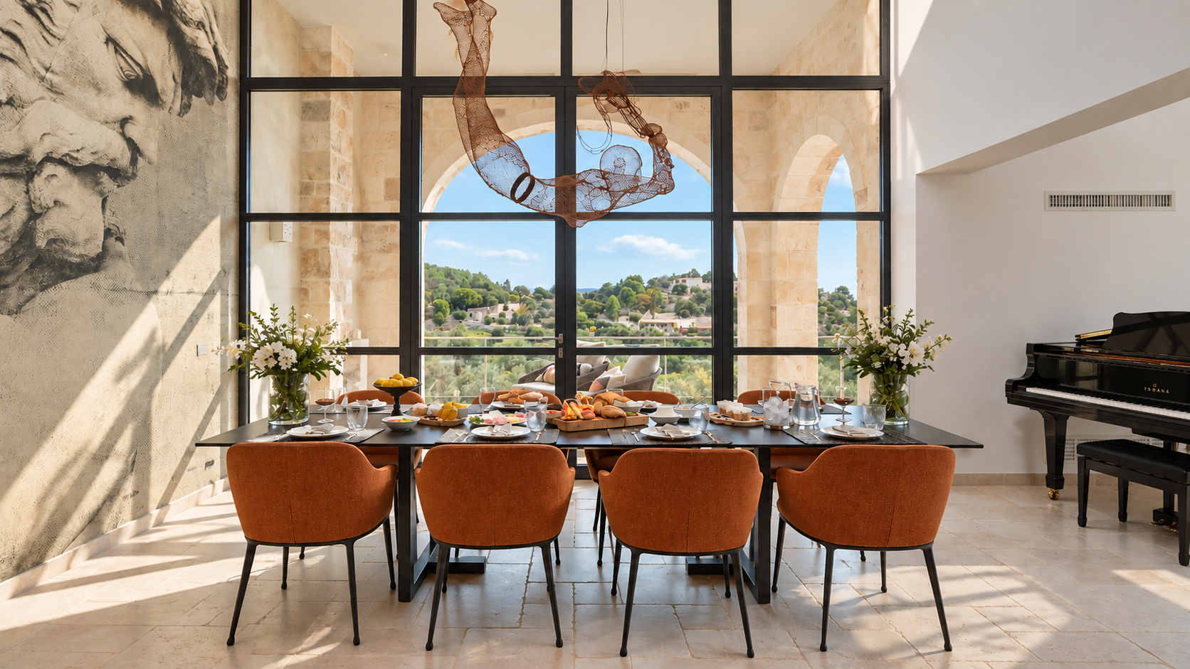 A dining room with a large window overlooking a scenic countryside. The table is set with plates, glasses, and food, and is surrounded by orange upholstered chairs. There are two flower arrangements on the table and a black grand piano on the right. 
