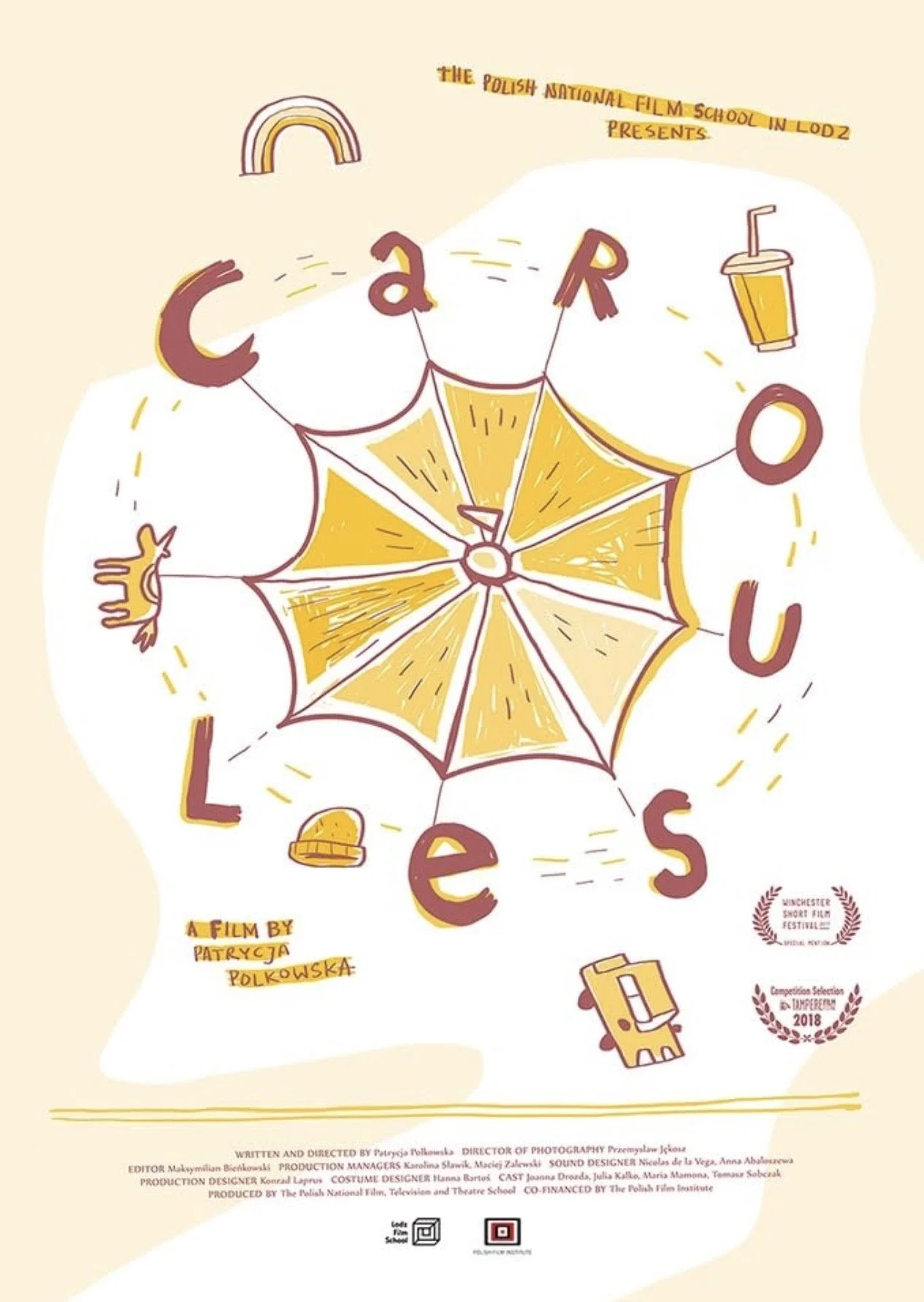 Movie poster with a yellow umbrella, a rainbow, soda cup, hat, and toy truck, titled 'Carousel'. Includes film credits and awards from the Manchester Short Film Festival 2018, directed by Patrycja Polkowska.